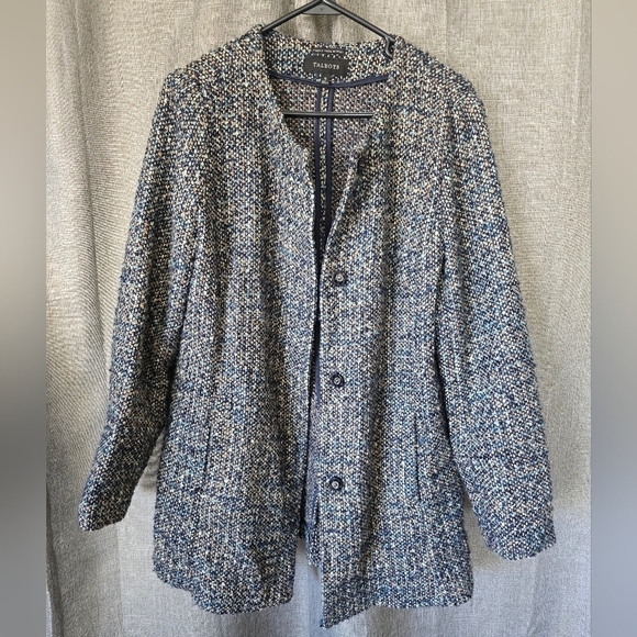 Talbots Size 12 Italian Navy Blue Tan Tweed Snap Front Cardigan Sweater Coat - Picture 1 of 6